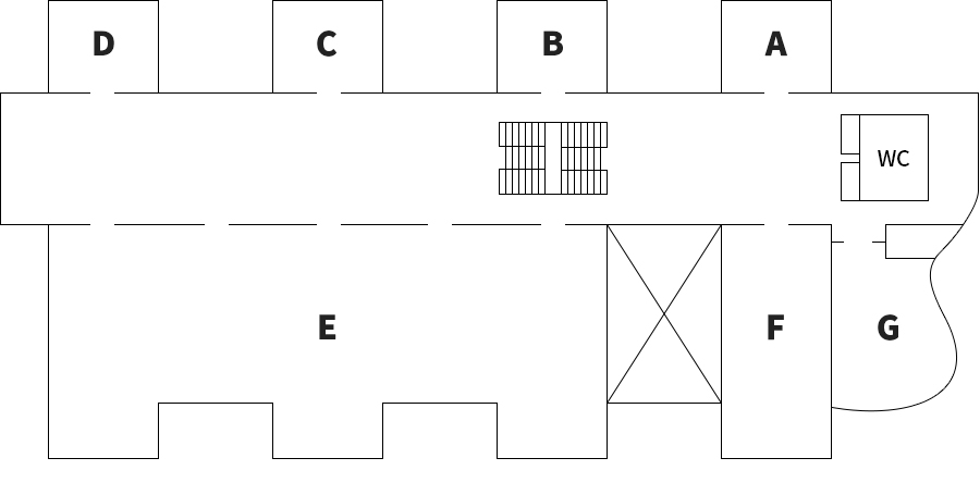 계단에서 시계반대방향으로 A~D-기획전시실(소), E~F-기획전시실(대), G-미술도서자료실, 화장실 위치
