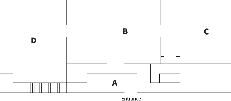 A-Lobby, B-First Room, C-Second Room, D-Third Room
